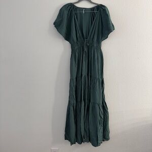 YFB Women's Green Flowy Lightweight Earthy Ethereal Fairy V Cut Maxi Mara Dress